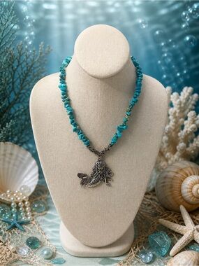 Turquoise Chip Necklace with Mermaid Pendant